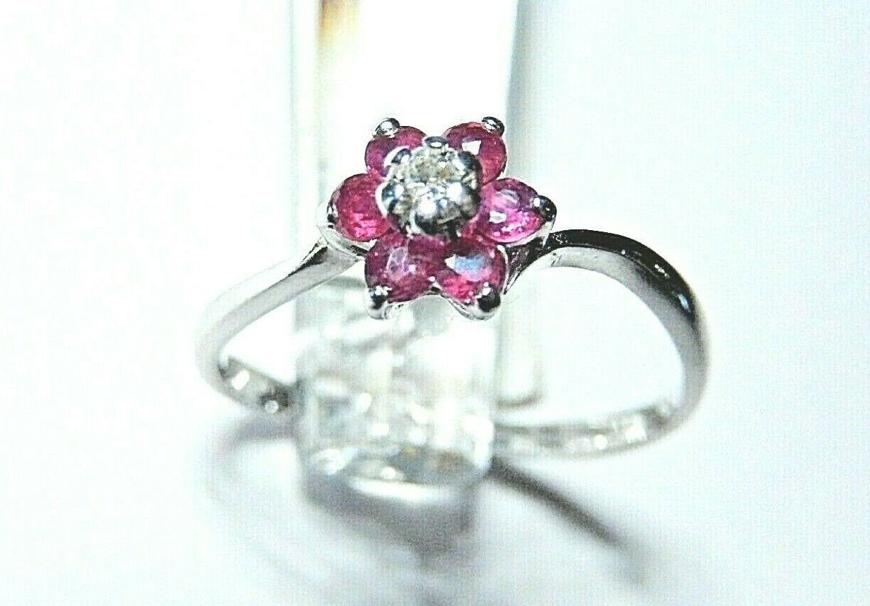 *NWT* 10k White Gold Seven Stone  Ruby and Diamond Halo Ring Size 6.75