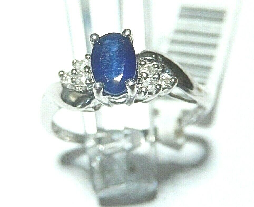 *NWT*  10K White Gold Oval Natural Blue Sapphire & Diamond Ring Size 7.25