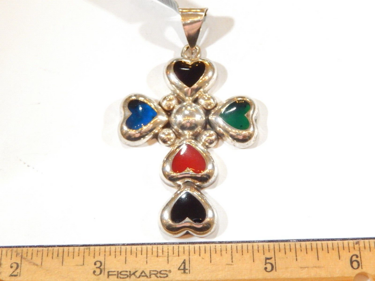 *VINTAGE*  LARGE "Silver Mine" Sterling Silver Enamel Heart Cross Pendant 3.25"