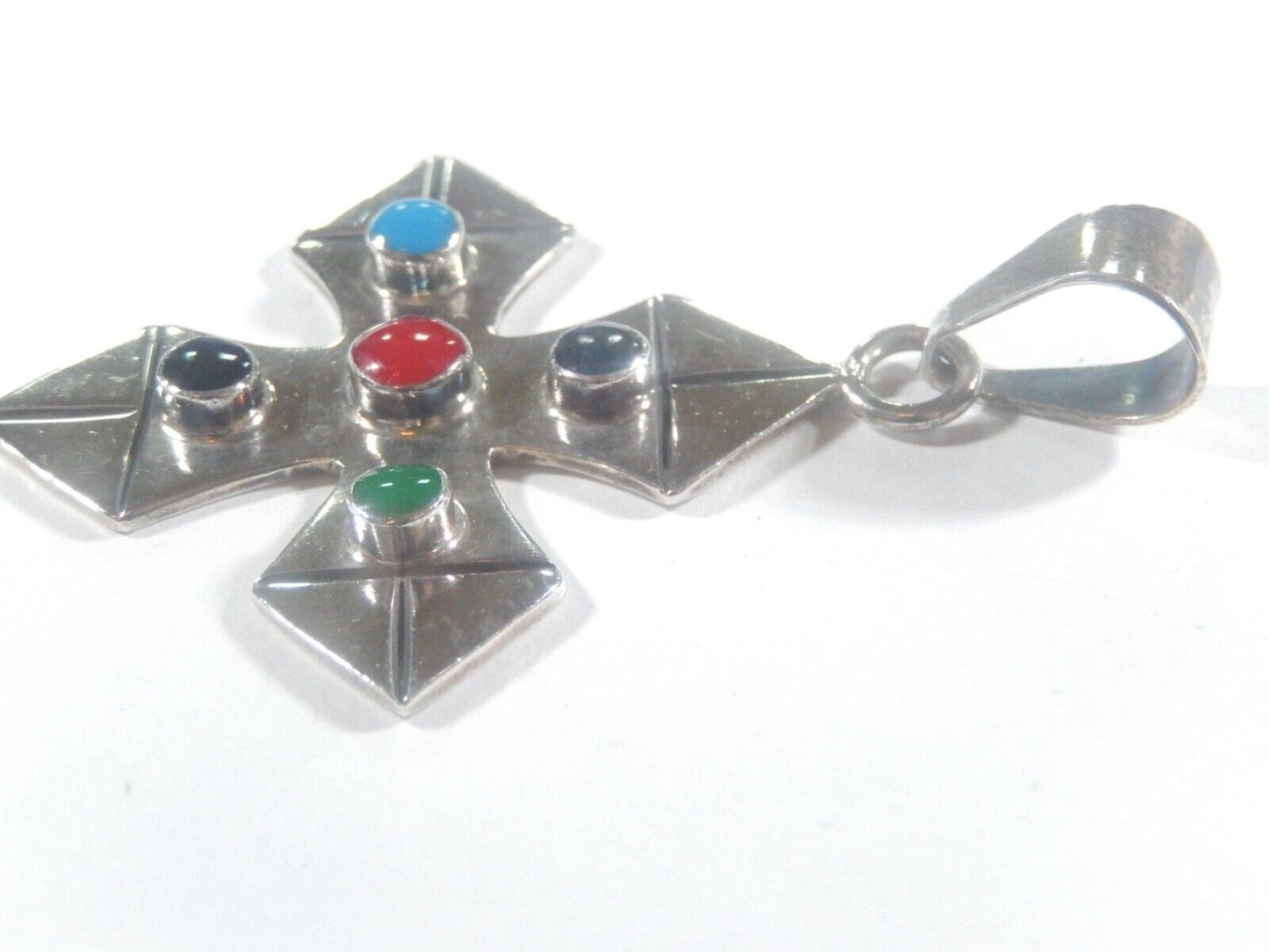 *VINTAGE*   Sterling Silver MEXICO TAXCO Multi Stone  Cross Pendant w/Lg Bail