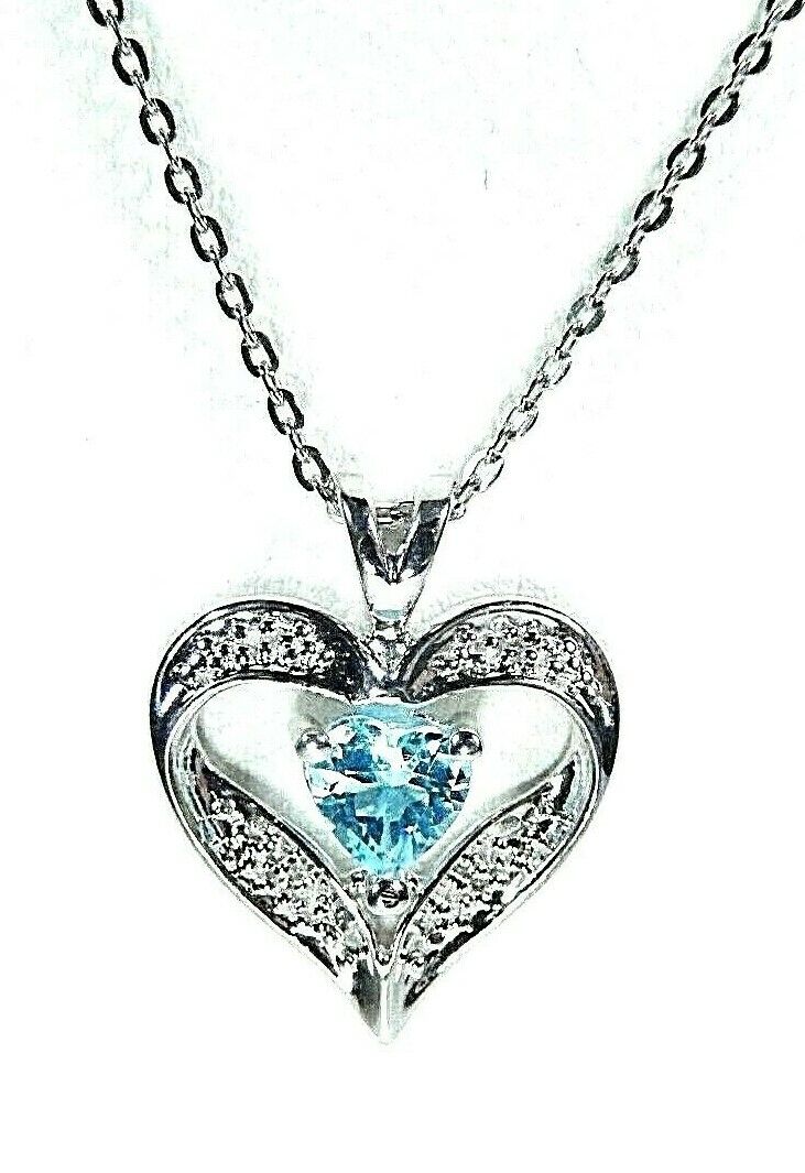 *NEW*  10K White Gold Blue Topaz & Diamond Accent Heart Pendant w/ 18" Chain