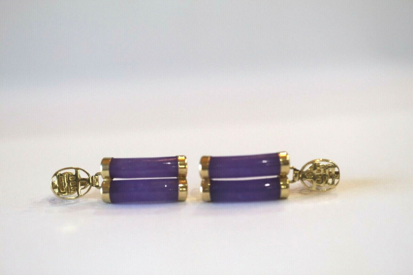 *VINTAGE*  14k Yellow Gold LONGEVITY Chinese Symbol  Amethyst Dangle Earrings