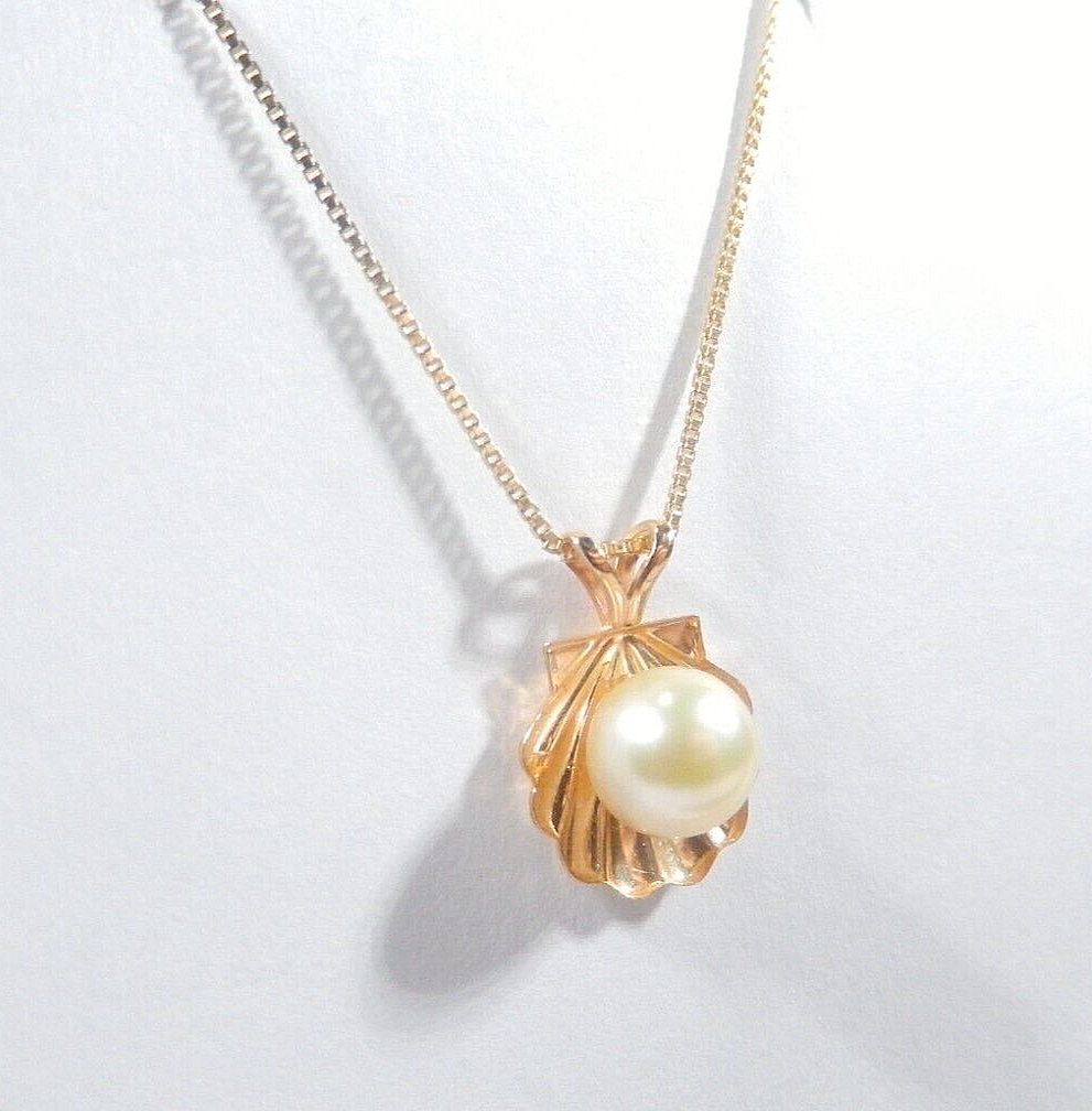 14k Yellow Gold Freshwater 6.5mm Cultured Pearl Clam Shell Necklace w/18" chain