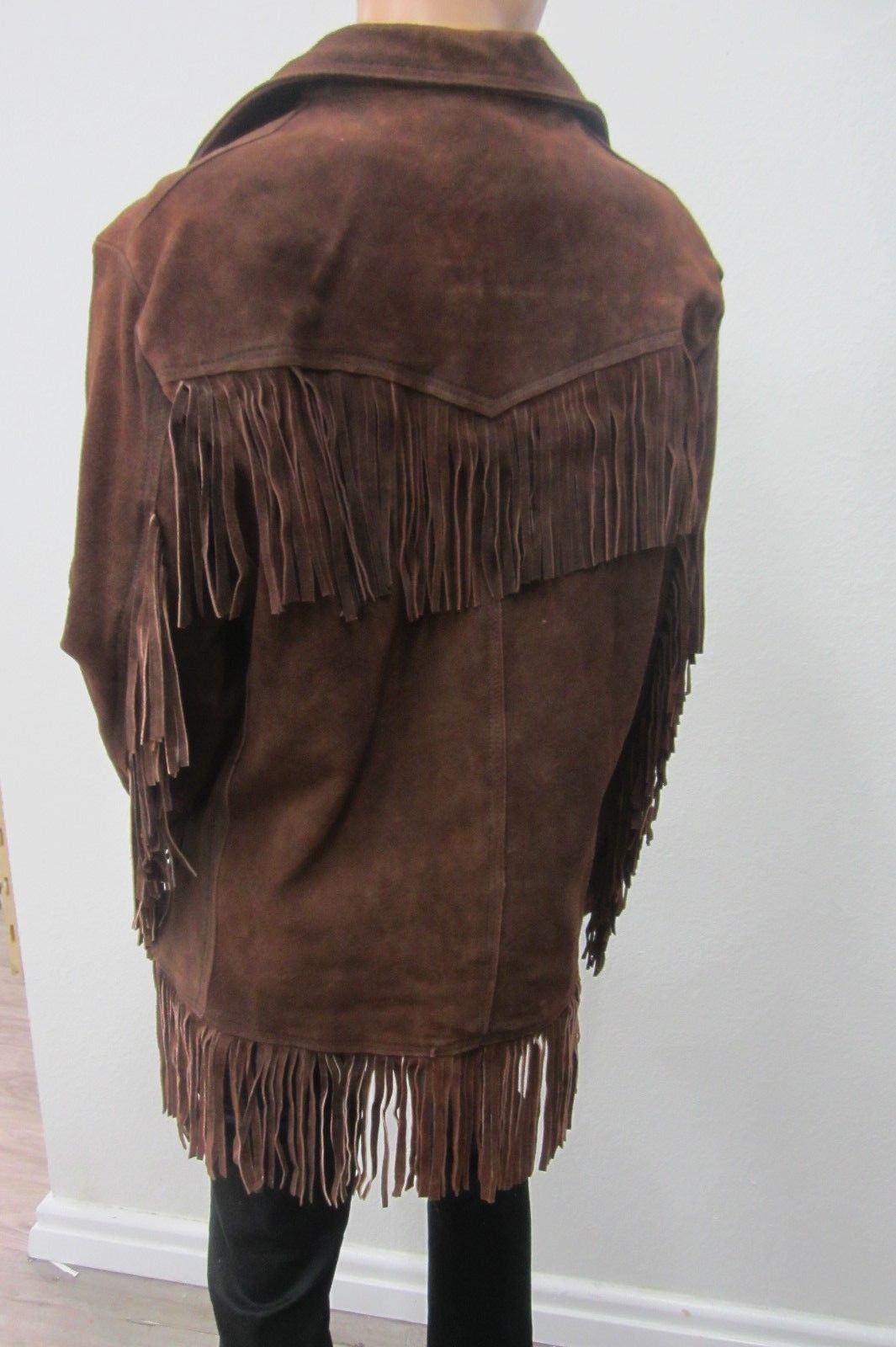 Vintage* 1970s HEAVY Suede Leather Mexico Western sz 40 Fringe Jacket Coat Brown