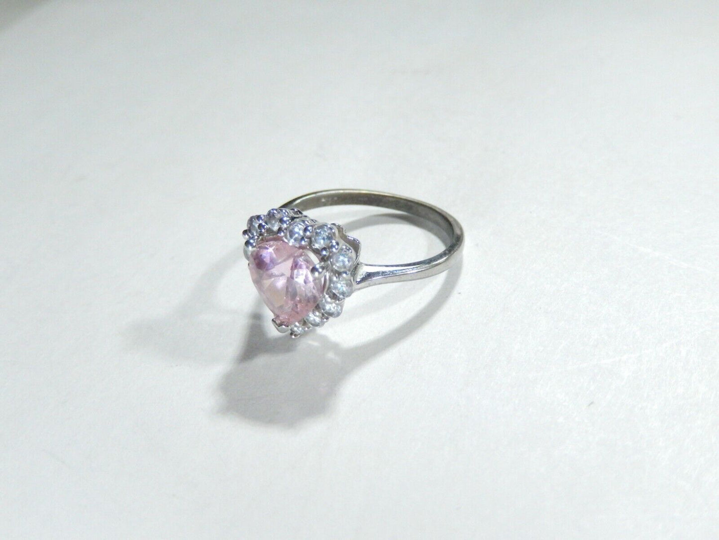 *VINTAGE*  Women's Heart Pink CZ Halo Ring  .925 Sterling Silver Band Size 7