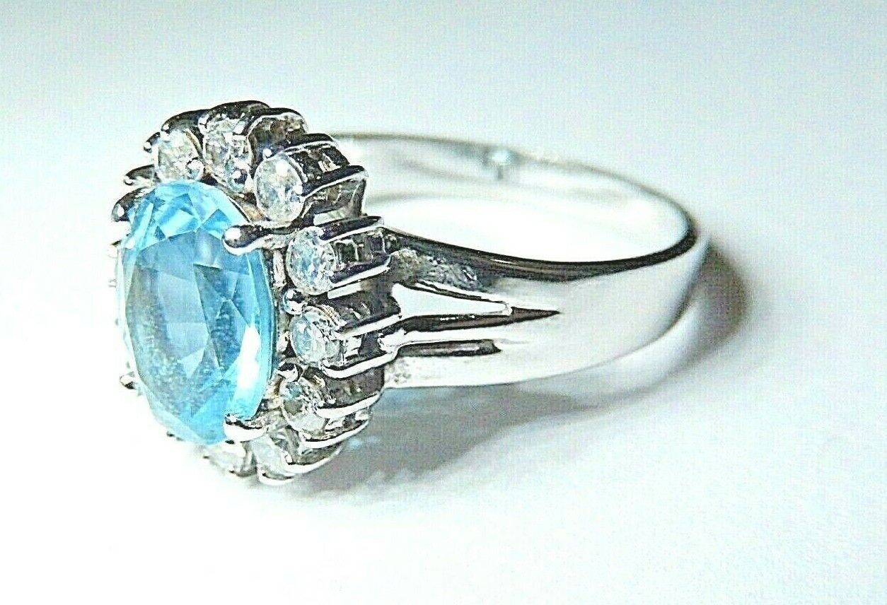 *VINTAGE* 14K White Gold 3.00CT Oval Swiss Blue Topaz & Diamond Halo Ring Sz 8.5
