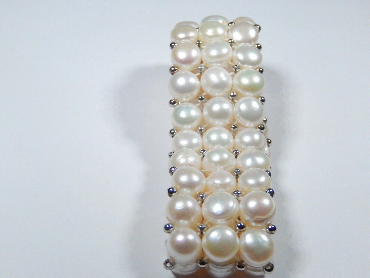 WIDE - Sterling Silver Bead Tripple Row 7.5mm Button Pearl Bracelet 1" Wide