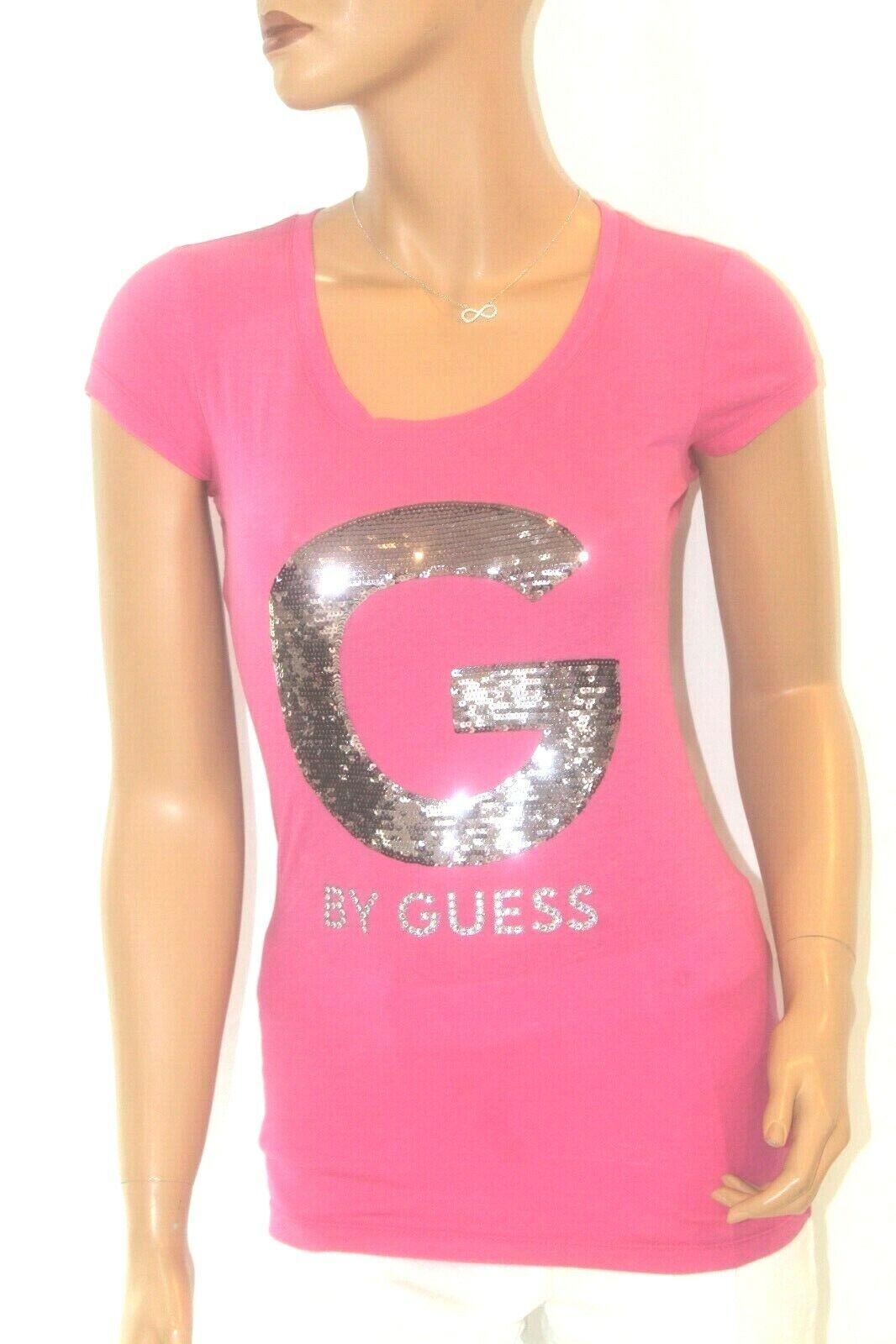 *NWT* GUESS Jeans Glitter Sequin Logo GUESS Pink T-shirt Tee Top SEXY Blouse XS