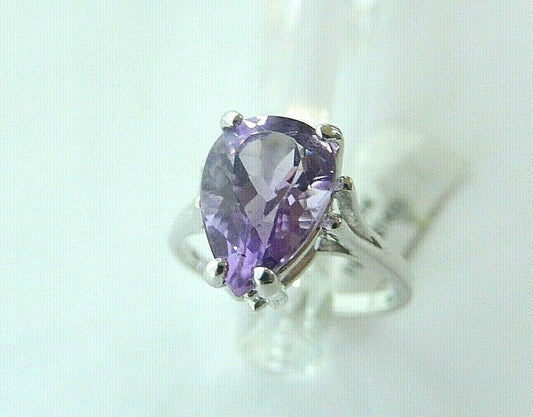 14K White Gold 3ct Pear Shape Purple Amethyst Ring Size 7.5