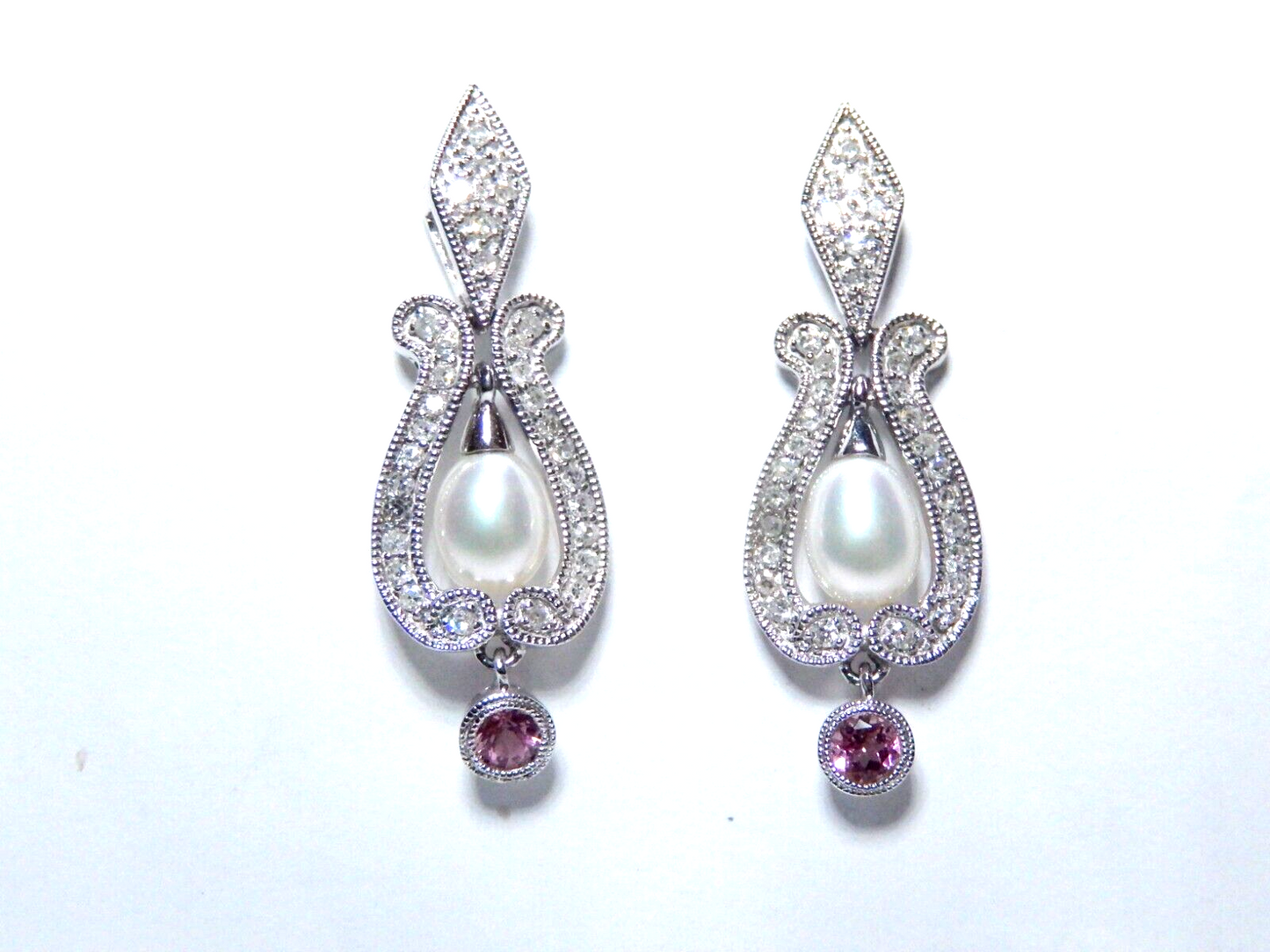 Beautiful 14K White Gold Pearl & Amethyst & .50 CT  Diamond Drop/Dangle Earrings