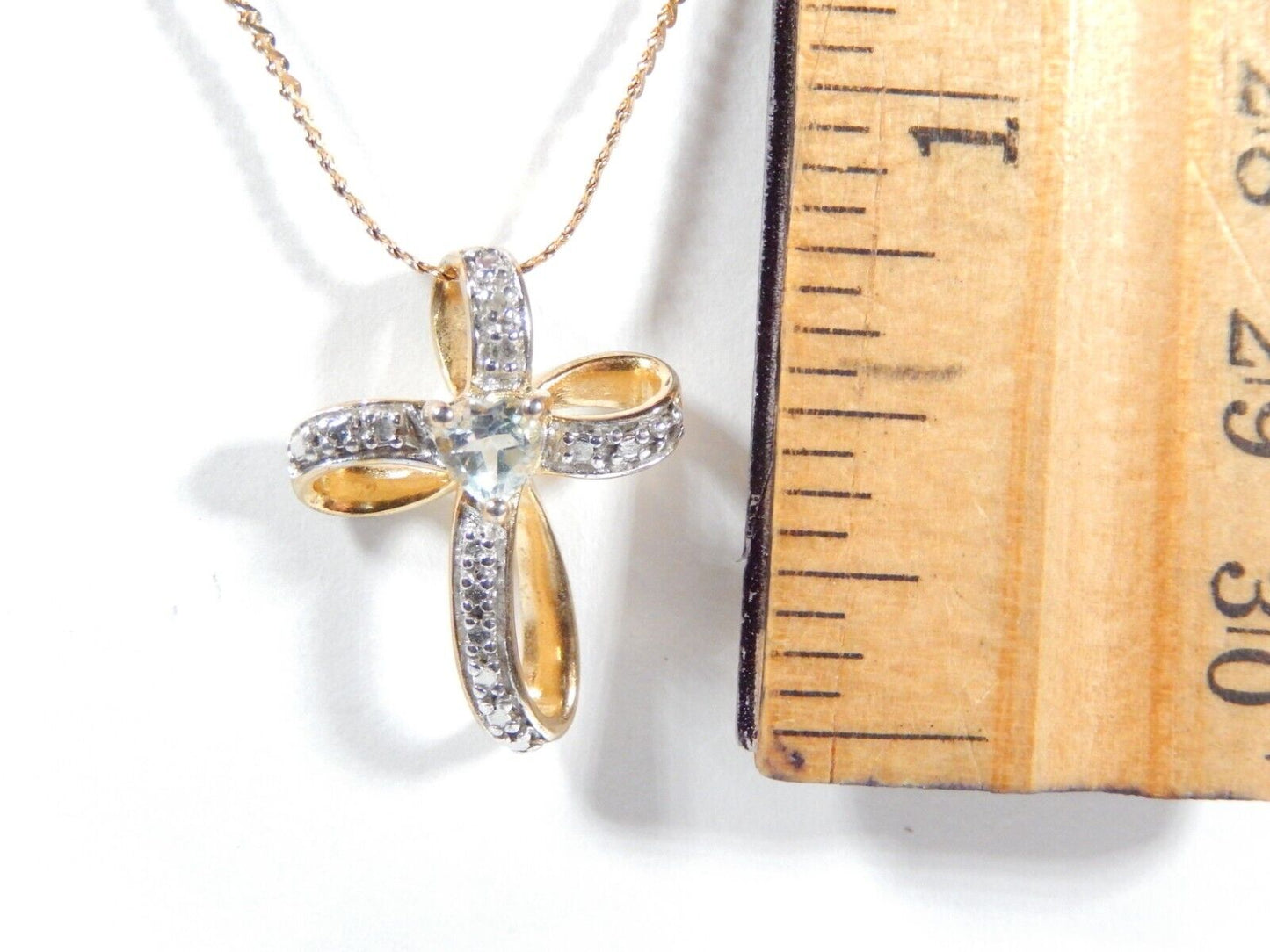*VINTAGE* Gold Vermeil Sterling Ribbon Cross Blue Topaz Pendant w/16"chain
