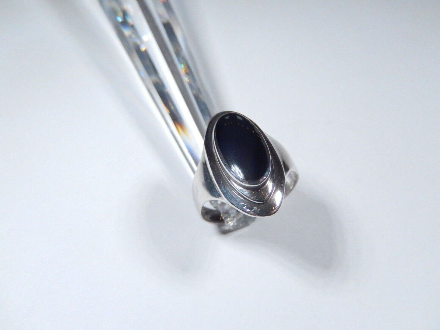 925 Sterling Silver Vintage Real Black Onyx Gem Oval Ring Size 7.25