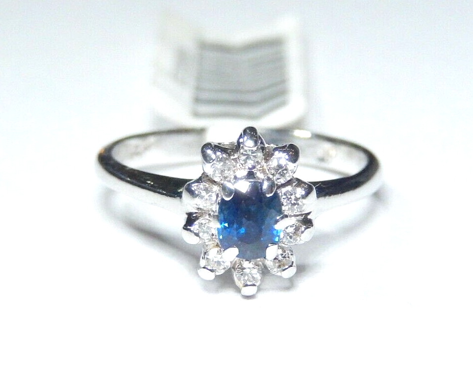 *NWT* 14K White Gold  Blue Sapphire & Diamond Halo  Engagement Ring Sz 4