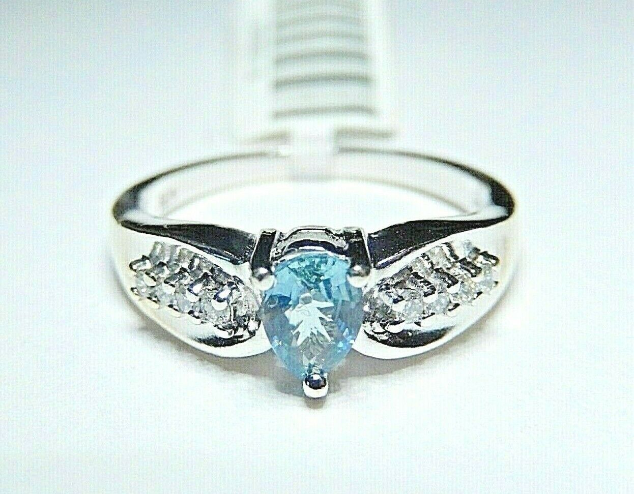 *NWT* 14K White Gold London Blue Topaz & Six Diamond Ring  Size 7.25