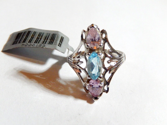 *VINTAGE* Pink Sapphire & Blue Topaz Gemstone Filigree Sterling Silver Ring Sz 7