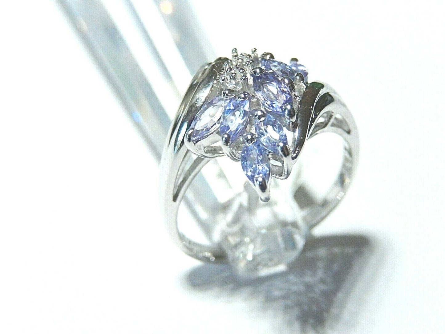 *NWT* 10K White Gold  Marquise Tanzanite & Diamond Fancy Cluster Ring  Size 7.5