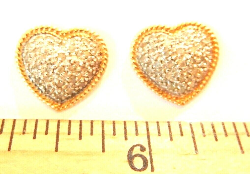 *VINTAGE*  14K Yellow Gold and .50 CT Pave' Diamond Heart Earrings 9/16" x 9/16"