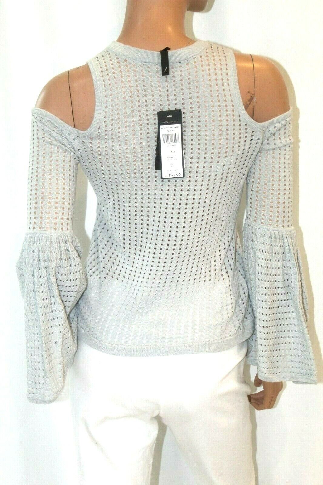 NWT $178. BCBG Maxazria Lucia Chrochet Cold Shoulder Bell Long Sleeve Top Sz XXS