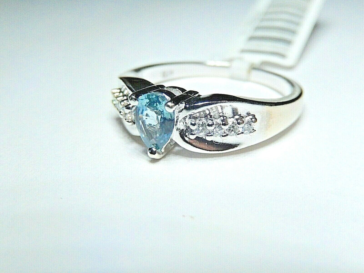 *NWT* 14K White Gold London Blue Topaz & Six Diamond Ring  Size 7.25