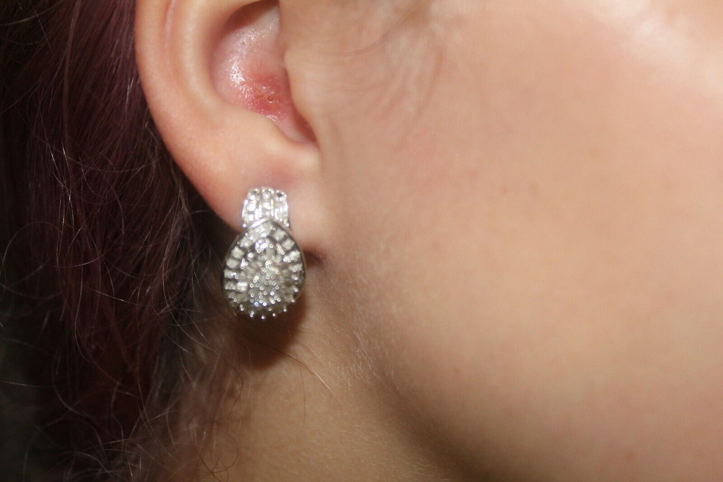 10k White Gold Pear 1.25CT Diamond  Cluster French-Clip Earrings 22mm x 13.5mm
