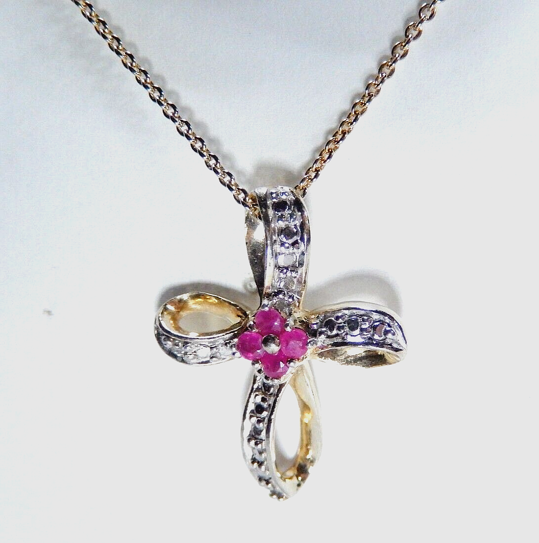 *VINTAGE* Gold Vermeil Sterling Ribbon Cross Natural Ruby Pendant w/16"chain