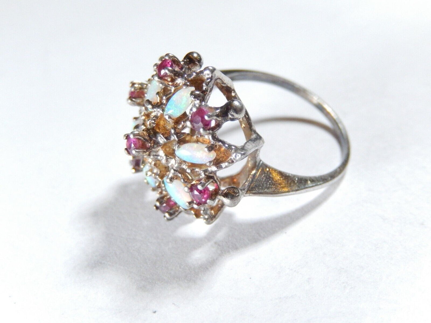 *VINTAGE*  Sterling Silver 925 RUBIES & OPALS Ladies Cocktail RING Size 5.5