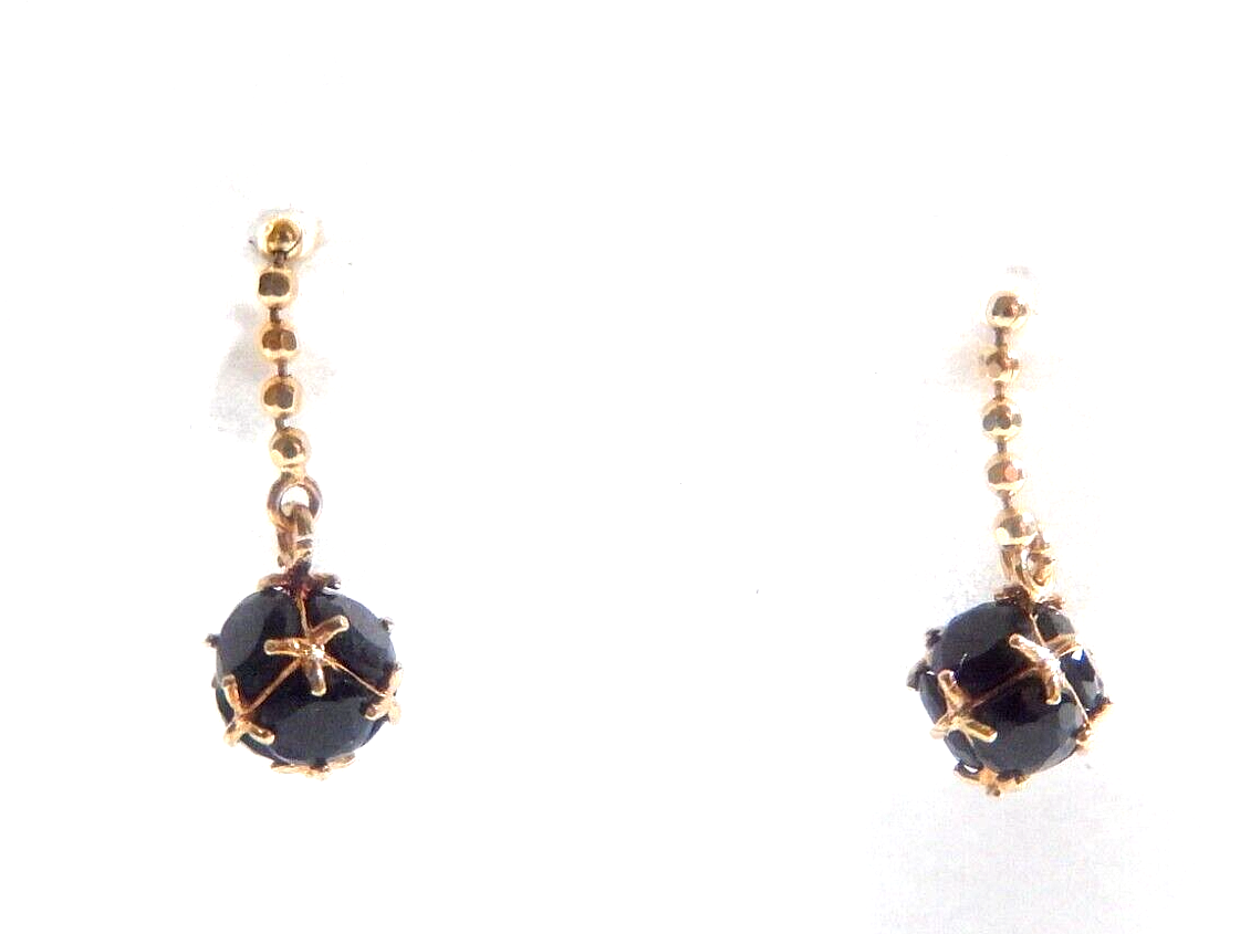 *VINTAGE*  14K Solid Yellow Gold Beaded Dangle Black Onyx  5.5 mm Earrings