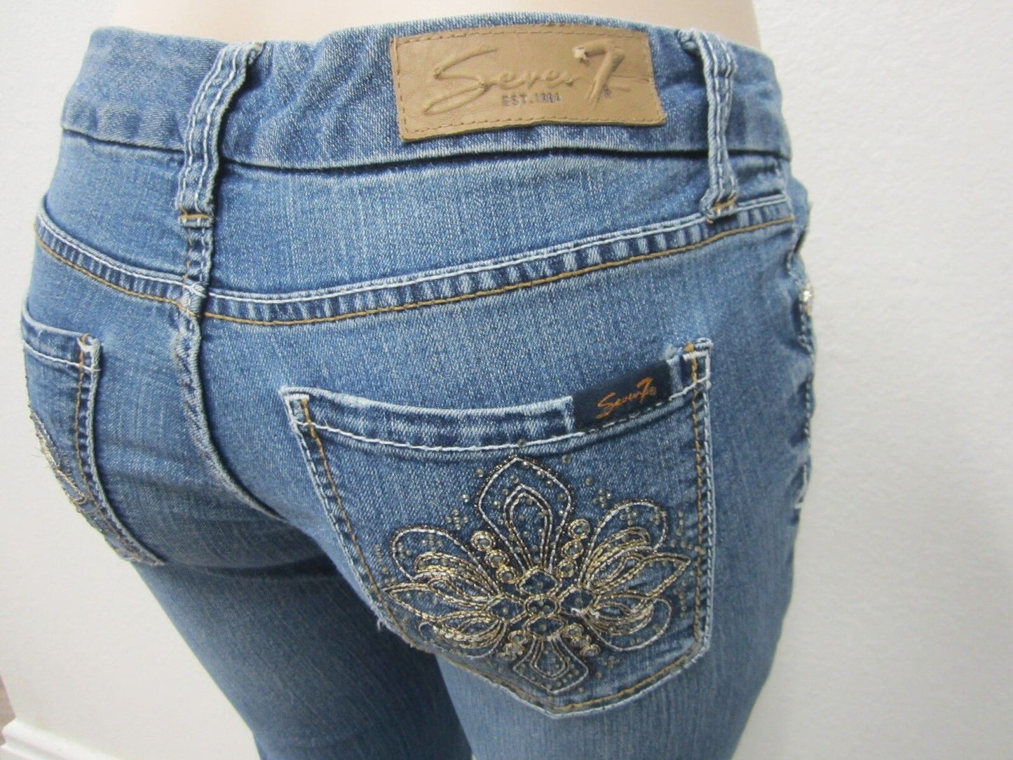 Womens 7 For All Mankind Jeans Bootcut Medium Wash Rhinestones Bling Pockets