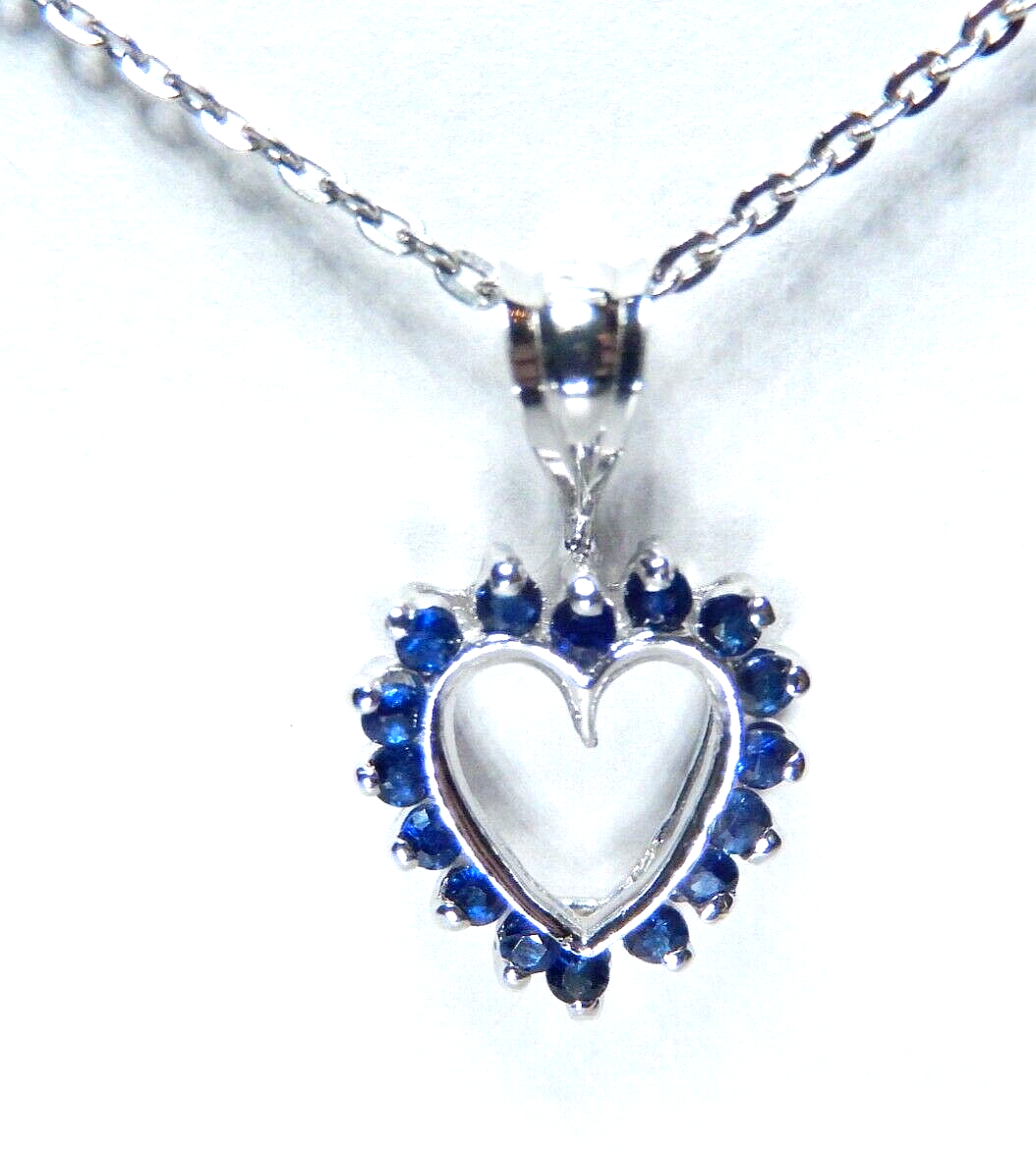 14K White Gold  Blue Sapphire Heart Pendant With 18"  Chain