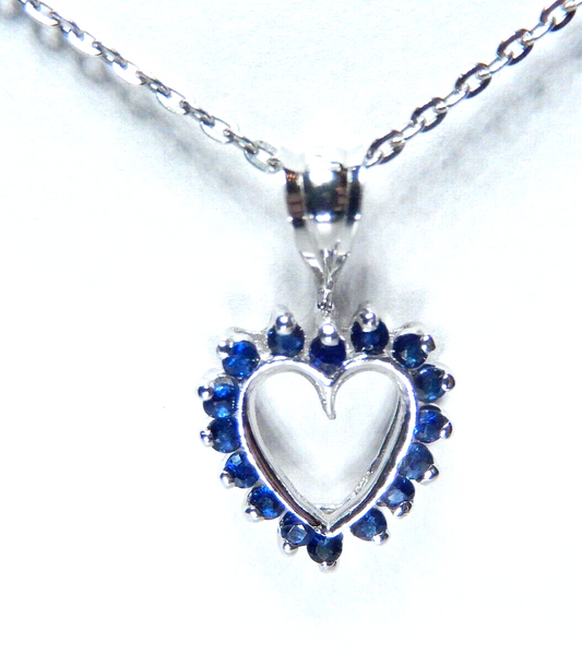 14K White Gold  Blue Sapphire Heart Pendant With 18"  Chain