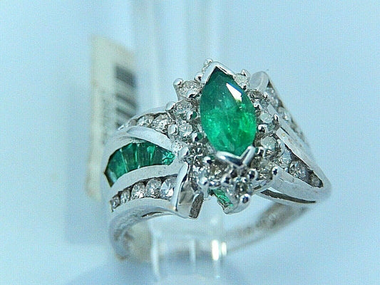 HIGH END 14k White Gold 1.50CT Natural Emerald & Natural Diamond Ring Size 7.5