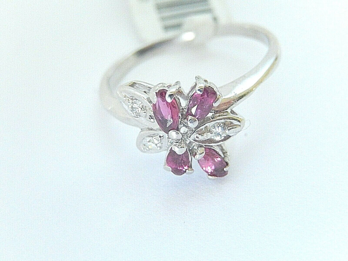 14K White Gold Elegant Natural Diamond & Ruby Cluster Cocktail Ring Size 7