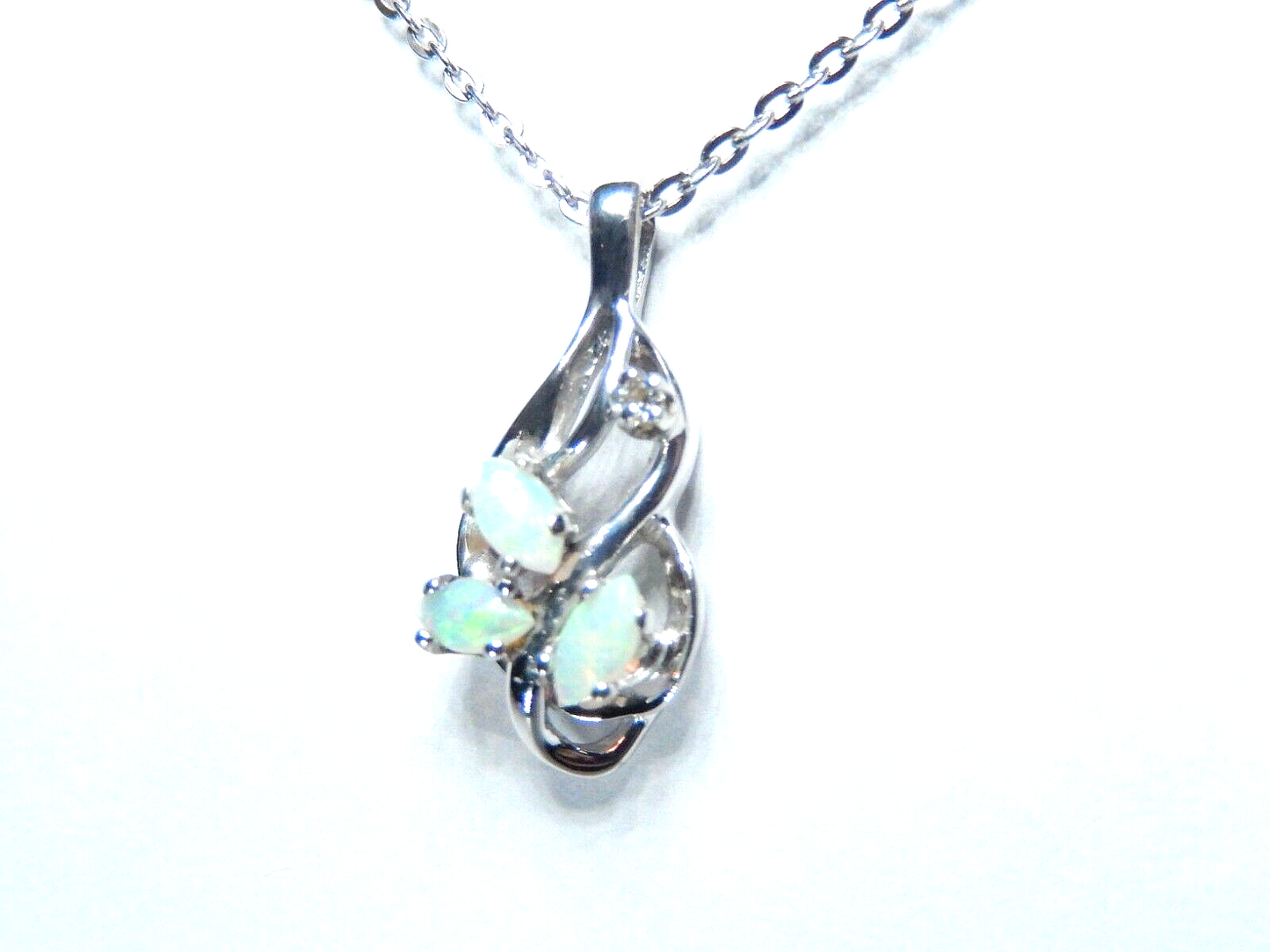 10k White Gold Marquise Opal And Diamond Free Form  Pendant with 18" Chain
