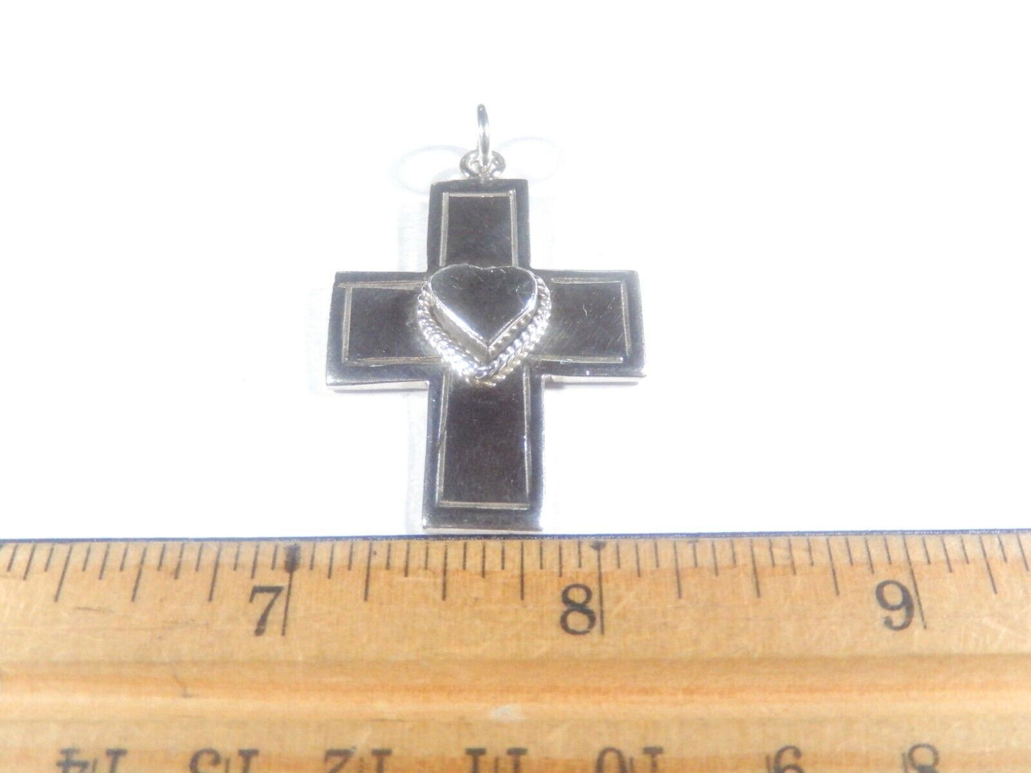 *VINTAGE*  Taxco 925 Sterling Silver Lined Heart Cross Pendant Mexico TB-45