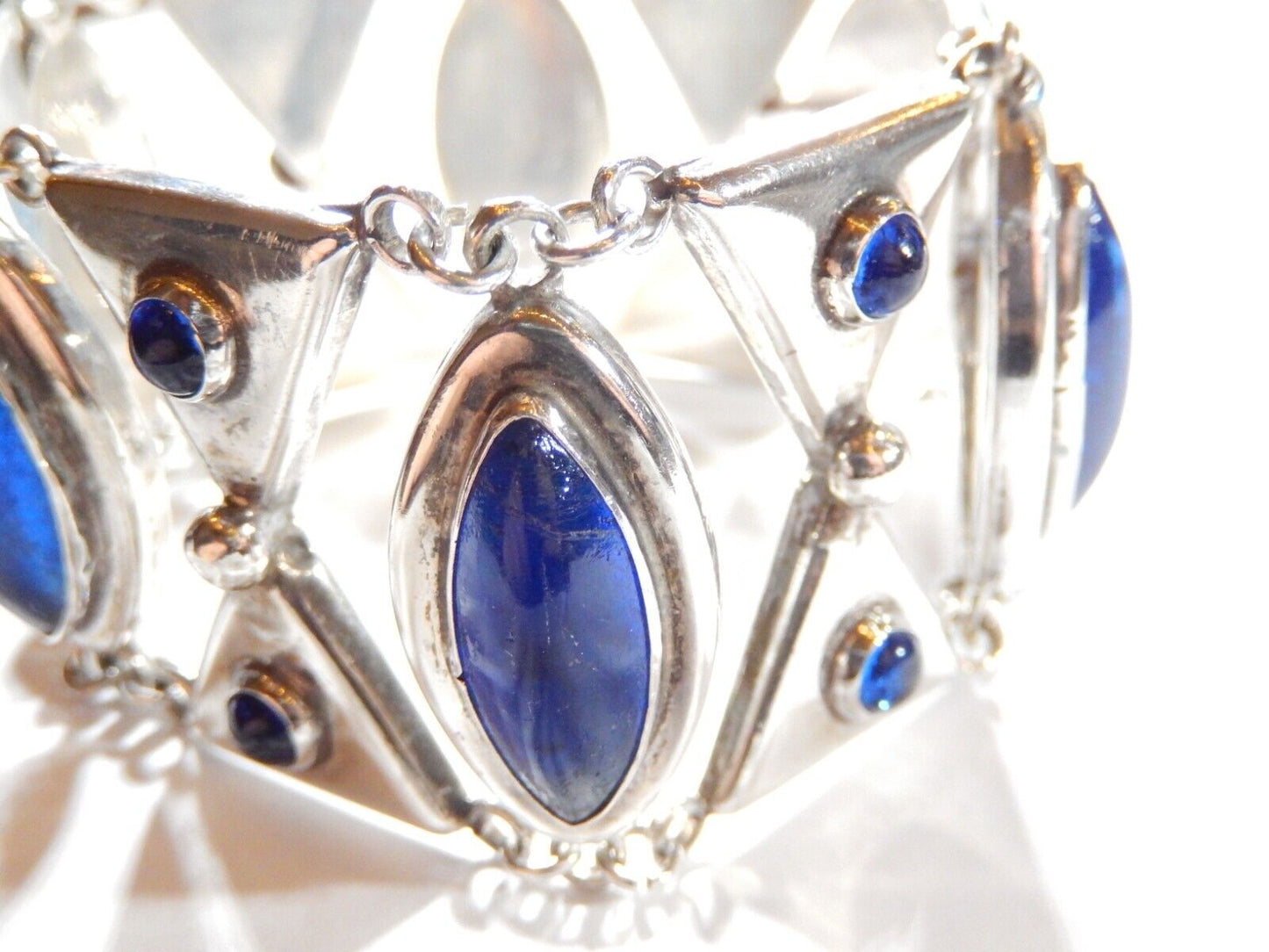 VINTAGE Mexico Sterling Silver Rare Blue Cabochon Cut Glass Panel Bracelet 7.25"