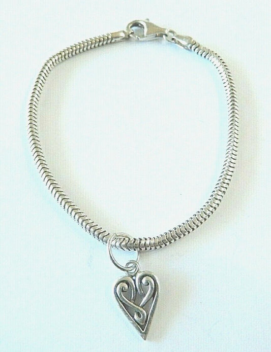 *VINTAGE*  RCI Sterling Silver 925 ITALY Snake Link Chain Bracelet 7.5" w/Heart