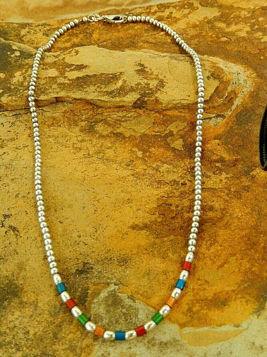 Vintage Native Amer Sterling Silver & Multi Colored  Bead Necklace 16" Length