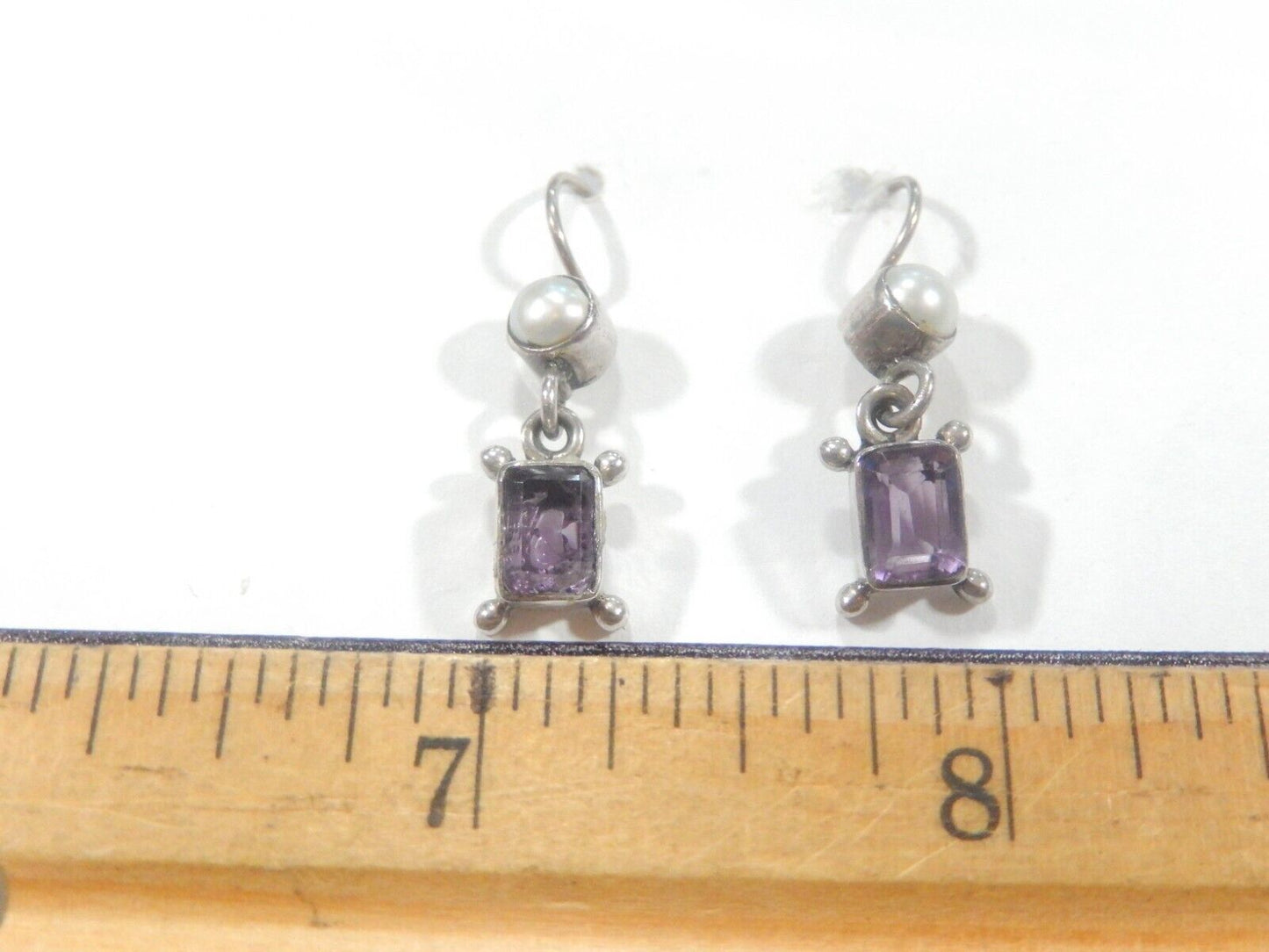 *VINTAGE*   Sterling Silver Amethyst  & Pearl Drop Dangle Earrings