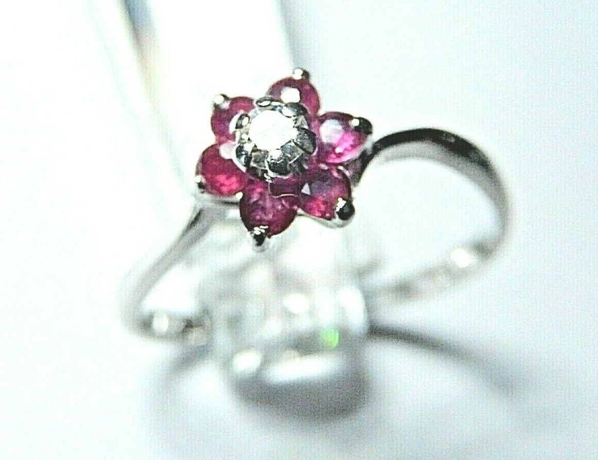 *NWT* 10k White Gold Seven Stone  Ruby and Diamond Halo Ring Size 6.75