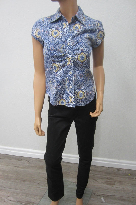 VINTAGETommy Hilfiger Women's Blue Paisley Button Down Short Sleeve Top Size S/P