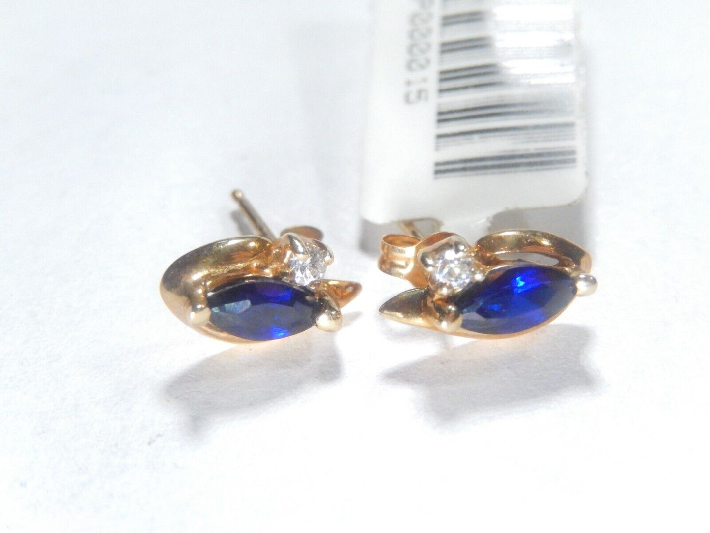 *VINTAGE*  10K Yellow Gold Created Sapphire and Diamond Stud Earrings