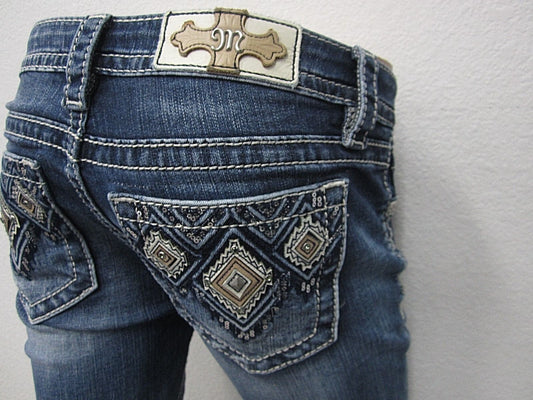 NWOT MISS ME JEANS M8962B MED BLUE WASH BOOT CUT DESIGN JEANS SIZE 26 x 33