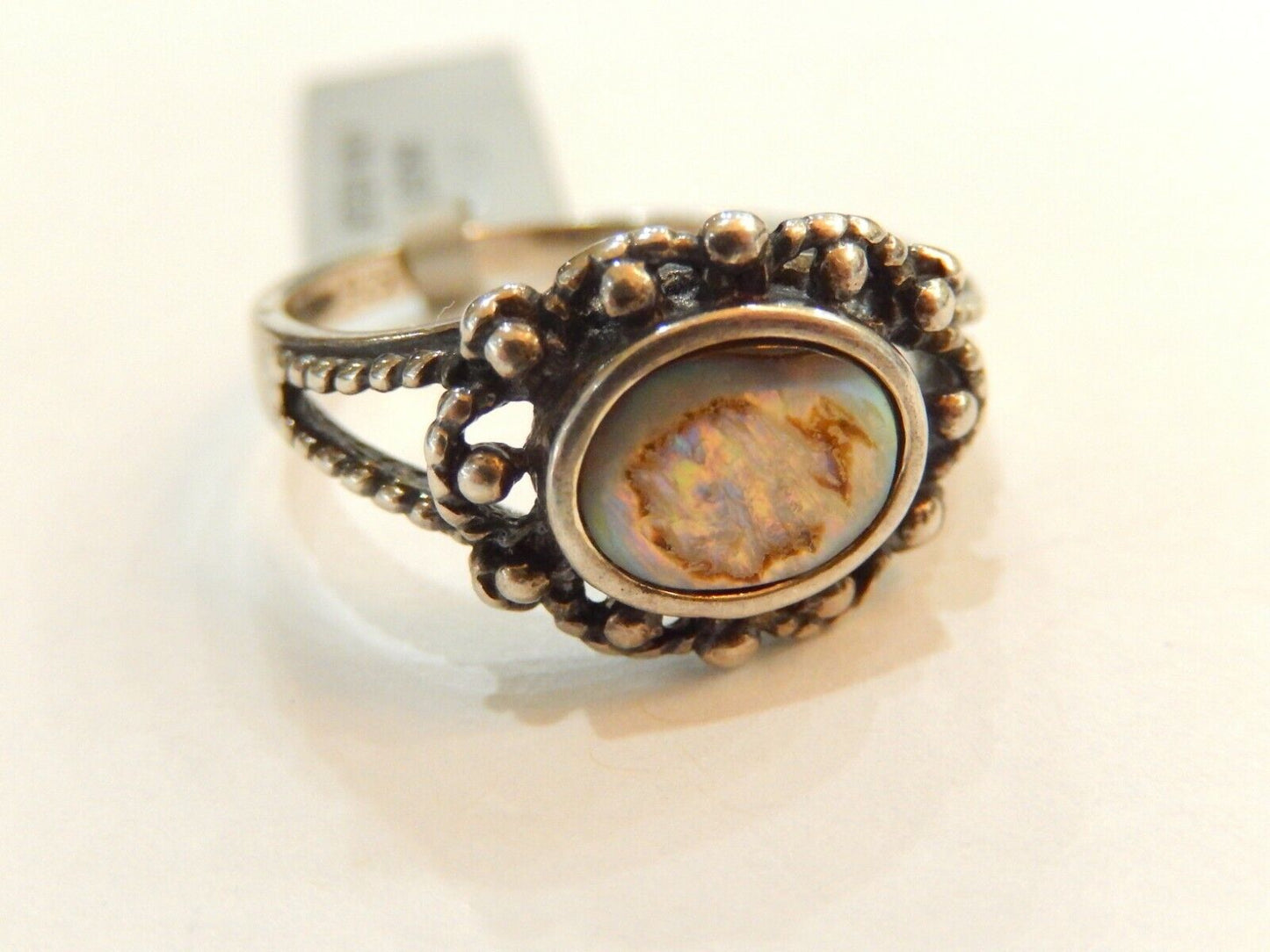 STERLING SILVER 925 SOLITAIRE ABALONE WITH BEADWORK  RING SIZE 11