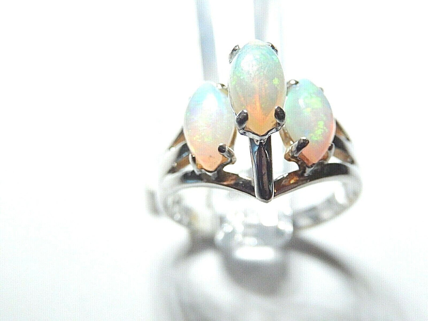 *NWT* 14K White Gold 1.50CT Navette Cut Natural Opal Three Stone Ring Size 7