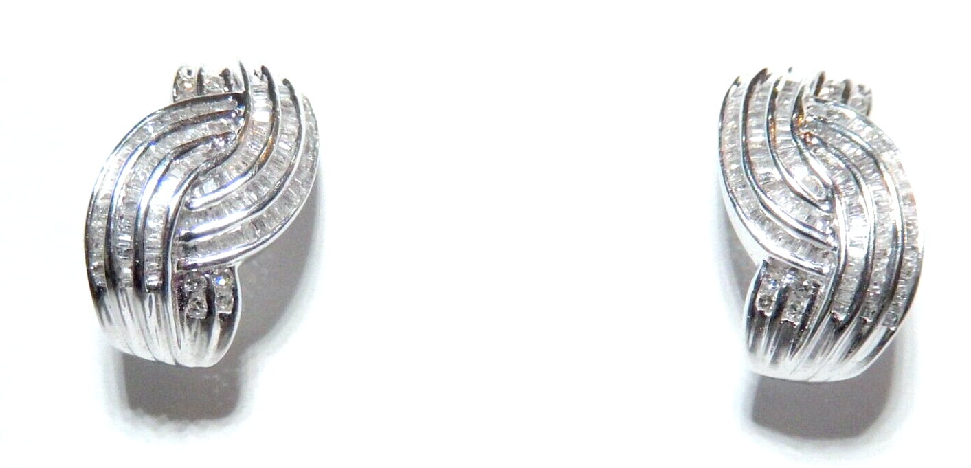 14K White Gold 2.00 CT Natural Baguette Cut Diamond Huggie Hoop  Earrings