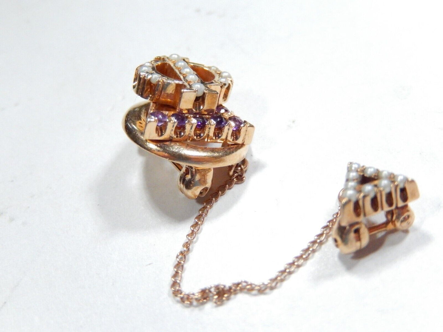 Vintage 10K Solid Yellow Gold Amethyst & Seed Pearls Sorority Pin Brooch