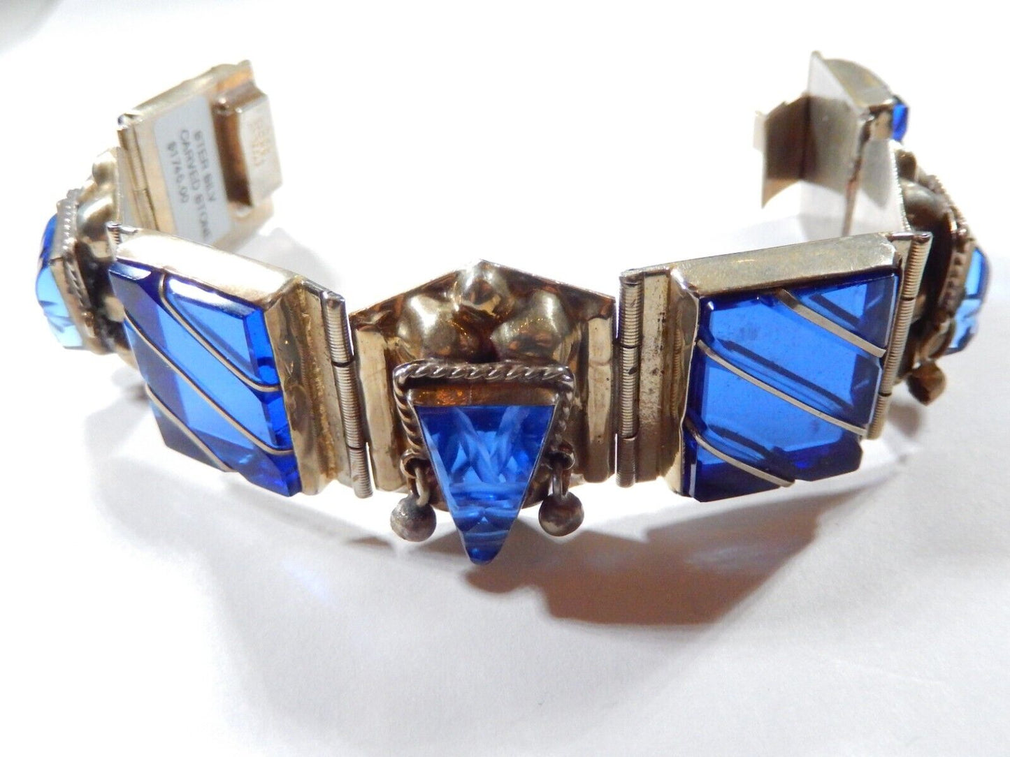 VINTAGE  Taxco Sterling Silver Blue Glass 1" Wide 7" Bracelet Weighs 68.8 gms