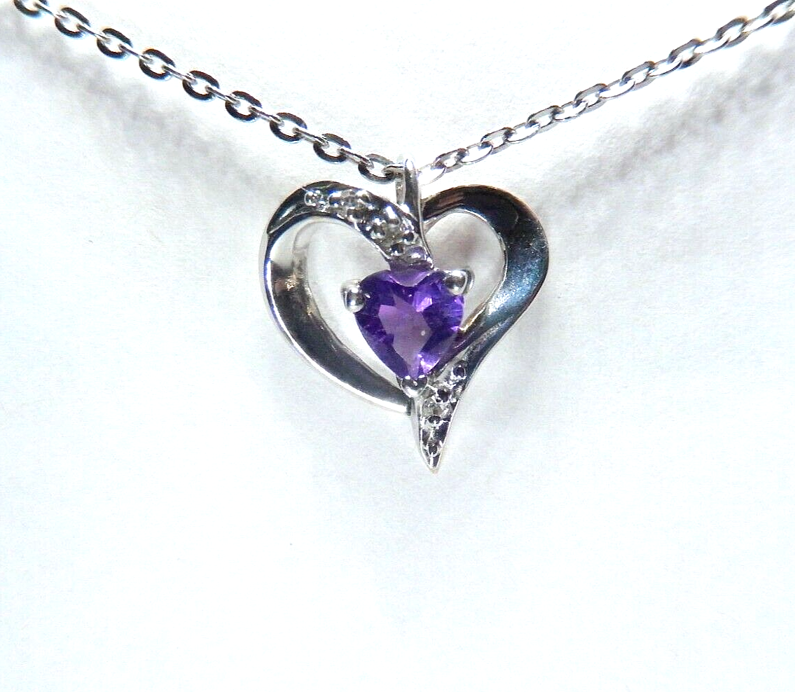 14K White Gold Amethyst & Diamond Heart Pendant w/18" Chain