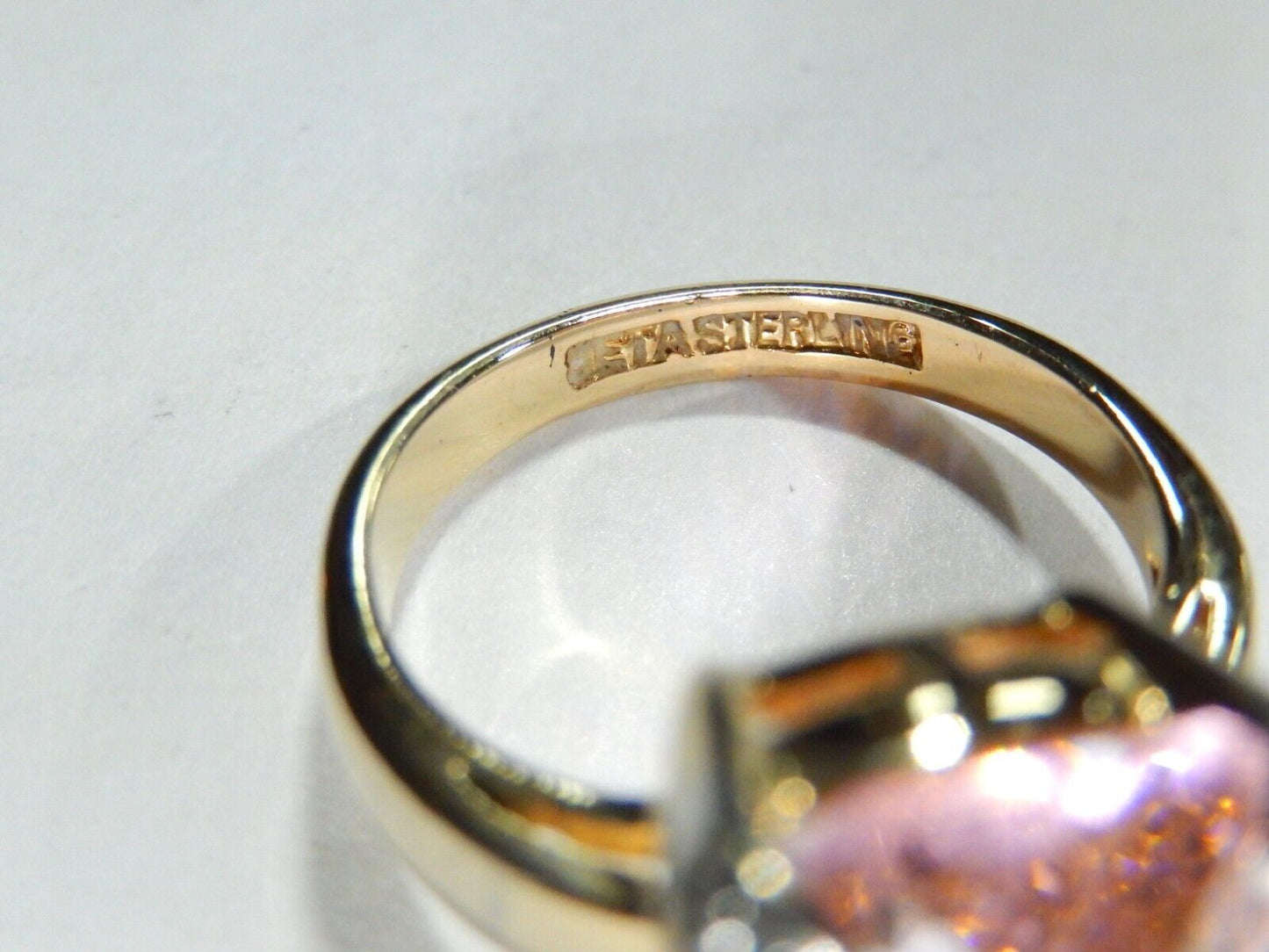 *VINTAGE*  Sterling Gold Vermeil CZ Pink 16.0CT Rectangle Cocktail Ring Size 8
