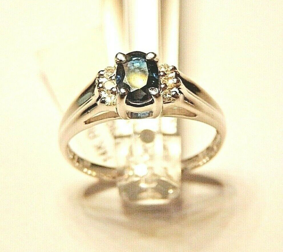 *NWT*  14k White Gold Oval Blue Natural Sapphire & Six Diamond Ring  Size 6.75